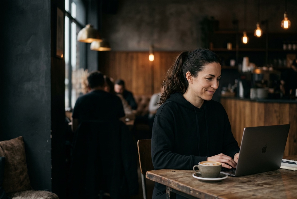 Woman in a black hoodie working through an online course on a laptop in a cafe
